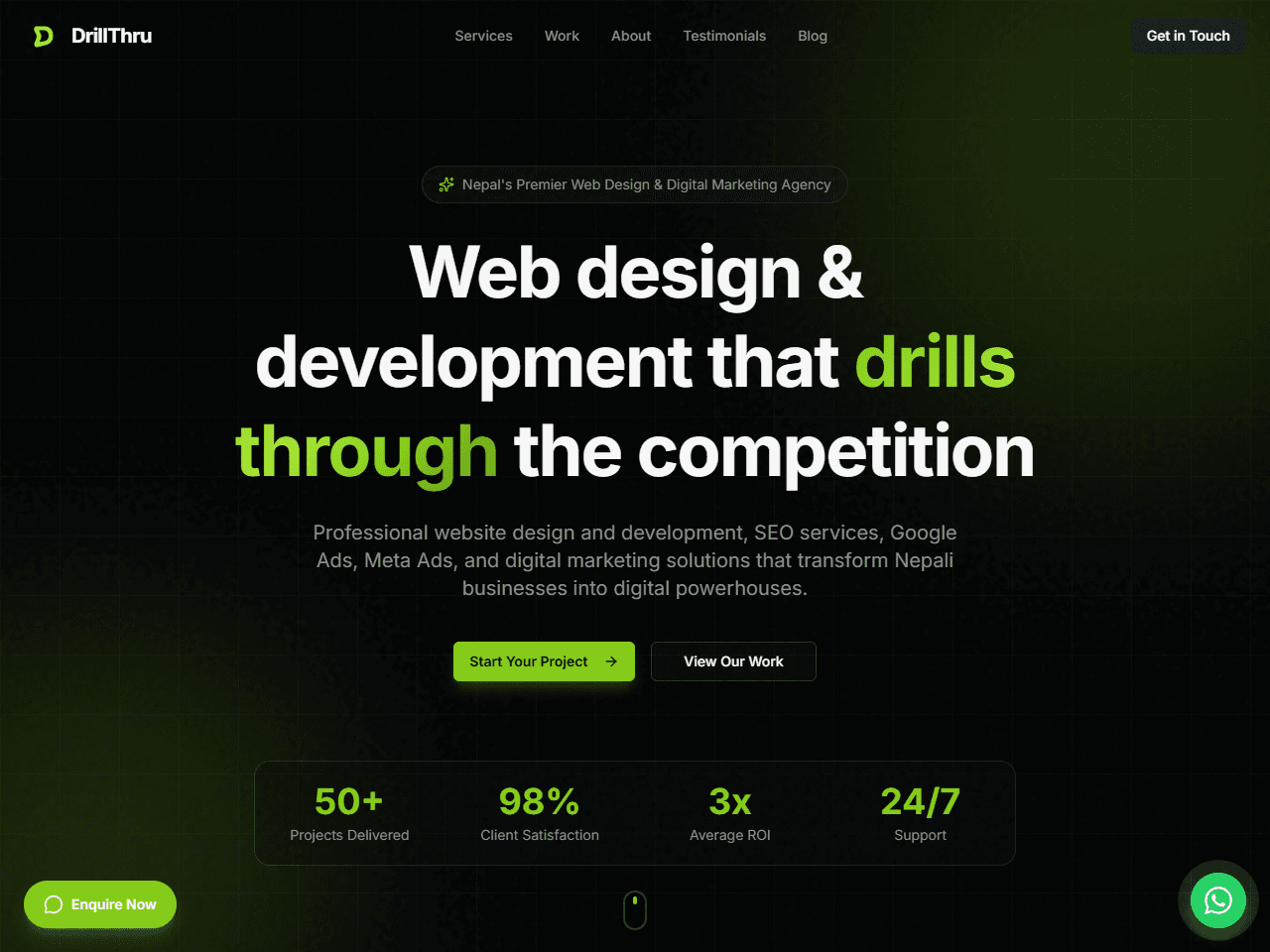 DrillThru: Agency website for DrillThru: web design, development, SEO and ads services presented with proof stats, a proven-framework process, a work showcase and enquiry paths.