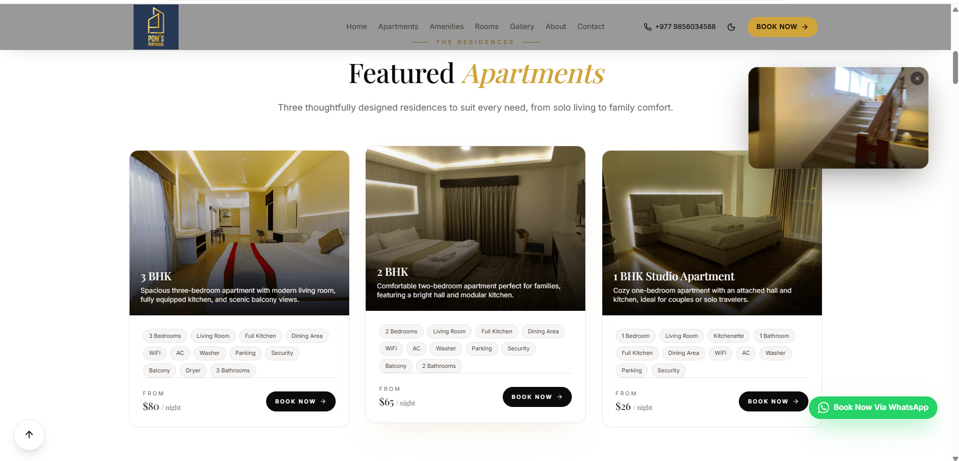 POM's Penthouse: Booking website for a luxury serviced-apartment residence in Lakeside, Pokhara, with featured apartment listings, amenities and a gallery paired with nightly rates and direct WhatsApp reservations.