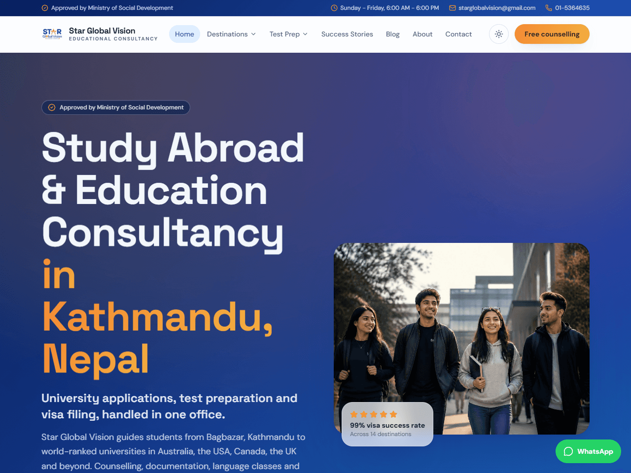Star Global Vision: Website for a study-abroad consultancy in Kathmandu, with fourteen destination guides, test-prep courses, success stories and a free-counselling booking flow.