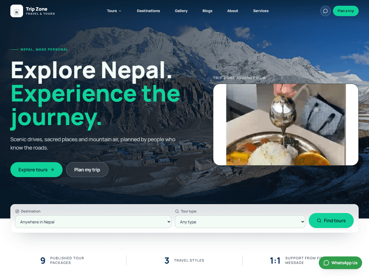 Trip Zone Travel & Tours: Nepal tour-package website covering nine handpicked journeys from Kathmandu, with clear pricing, transport options, destination filters and trip planning by WhatsApp.